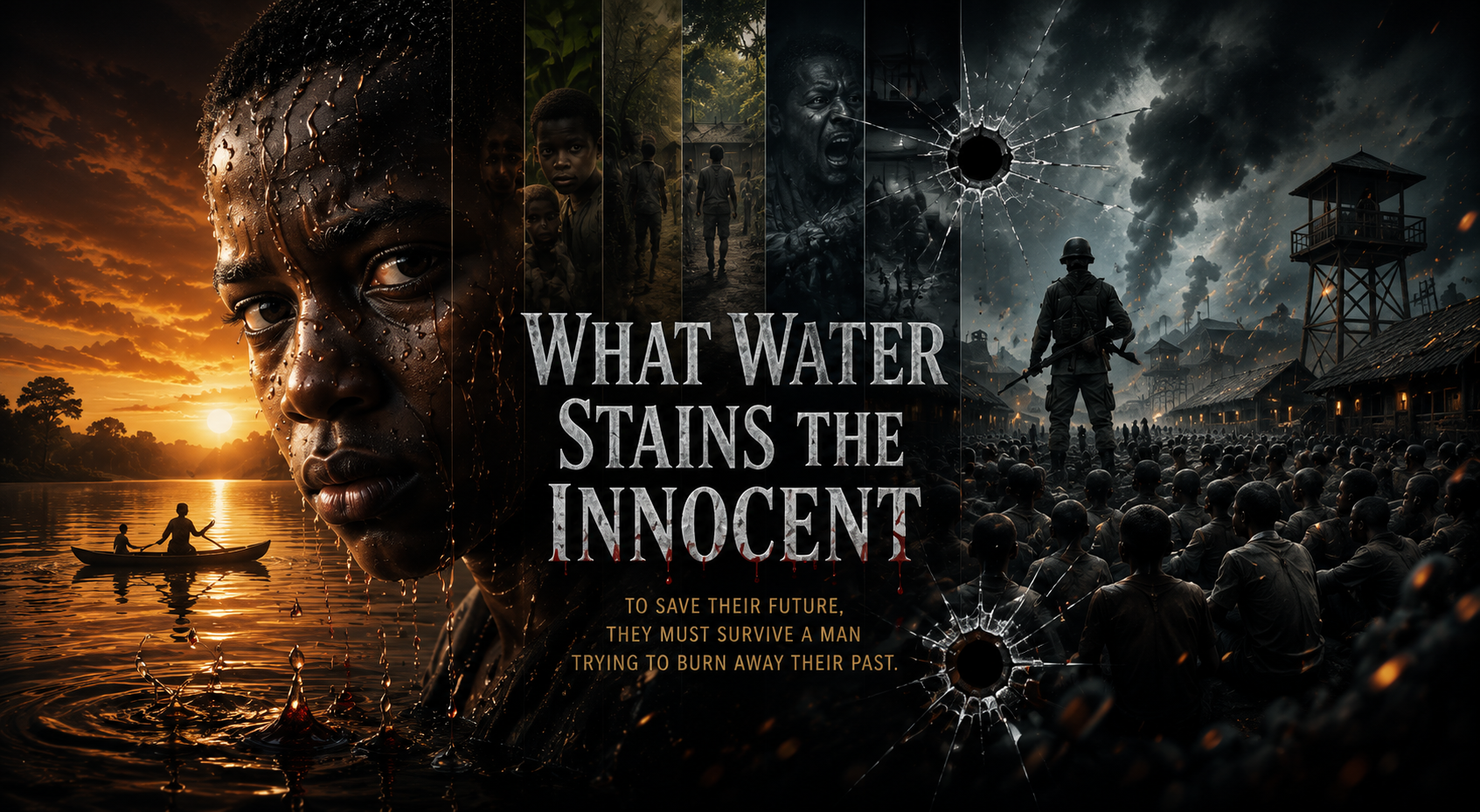 What Water Stains the Innocent hero image. A fractured lakeside memory: water, smoke, an orphanage silhouette, and the pressure of unseen violence moving beneath the surface. Palette references: Burnt amber, Deep jungle green, Smoke gray.
